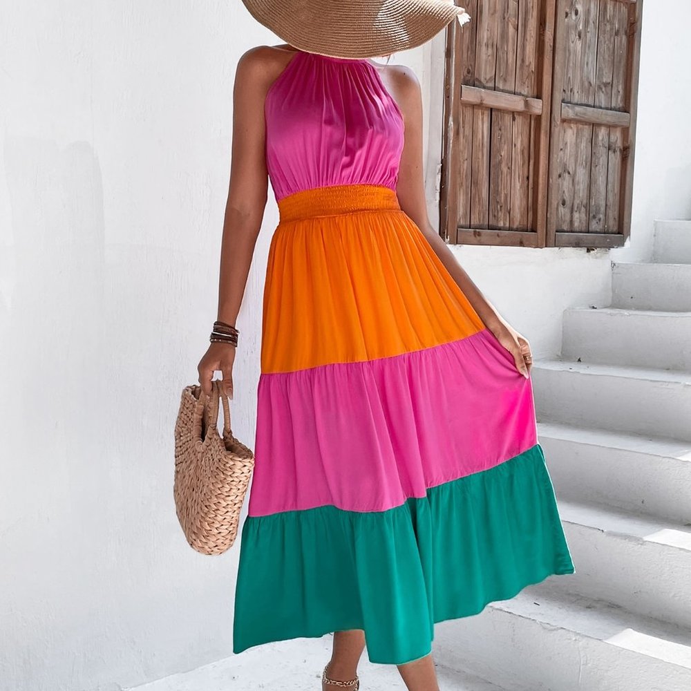 New Colorblock Shirred Ruffle Hem Halter Dress Pink Orange Green